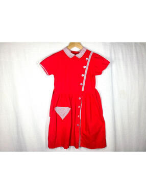 Vtg 50s Red Cotton Dress Girl Child L Candy Stripe Trim Buttons Full Skirt Retro